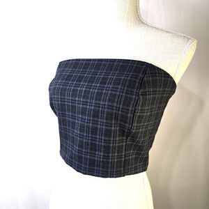 SAY Turkish Brand Formal Bustier Strapless Top Black Blue Plaid Size 42 - Large